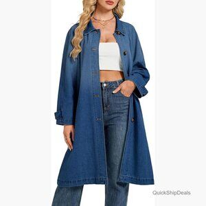 Denim Trench Coat Midi Long Oversized Single Breasted Duster Overcoat